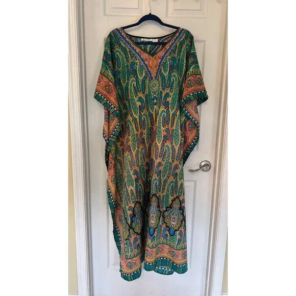 Vintage Jessica Taylor Hippy Paisley Short Sleeve Kaftan Maxi Dress OS - Picture 1 of 6